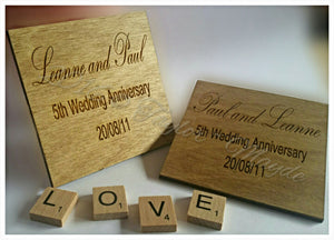 Unique Wooden Coasters - set of 2 personalised anniversary coasters - gift engraved, anniversary, display items, teacher, wedding, new home
