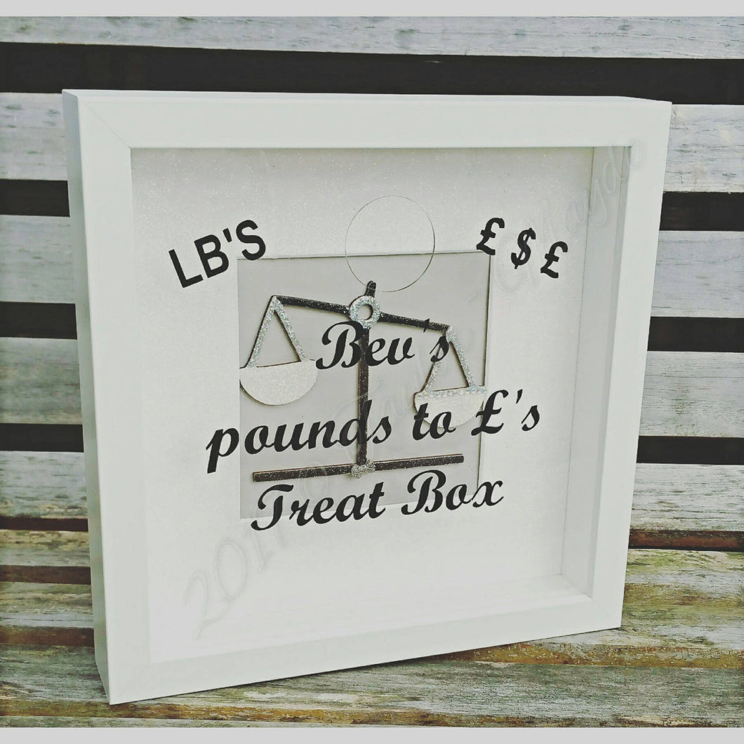 Personalised weight loss money saving pounds to pounds frame, box frame, save money, money box, frames to save, weight loss counter,