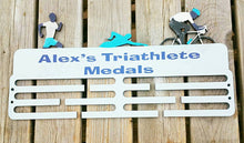 Load image into Gallery viewer, Medal holder, sports award display, wall plaque for swimming, runner medals, biking awards, personalised medal man if the match, sporty gift
