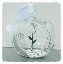 Load image into Gallery viewer, Memorial tree bauble, rememberance tree decoration, bereavement Christmas tree, personalised handmade glass bauble, white rose glass bauble
