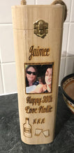 Load image into Gallery viewer, Wooden wine box, personalised wine holder, wine lover gift, bespoke custom made wine caddy, booze box, alcohol box, shots birthday, wedding
