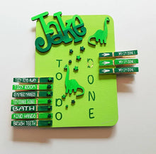 Load image into Gallery viewer, Dinosaur Chore chart, handmade behaviour reward, customised task manager, wooden peg board, kids to do lists, autism asd daily planners,
