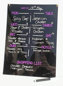 Re-usable menu planner, wipable organiser board, organizing weekly food planning, good optimising, shopping list, kitchen board, meal plan,