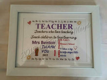 Load image into Gallery viewer, Frame Teacher Word Art, thank you gift, personalised teacher present, school, teaching assistant, head teacher, leaving gift, classroom

